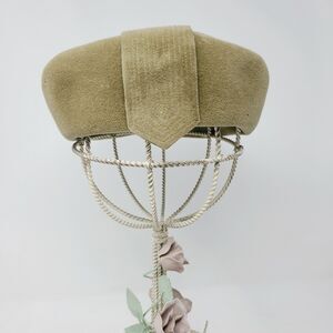 Vintage 50s 60s Beige Taupe Square Pillbox Hat France Taylored Junior B 22"